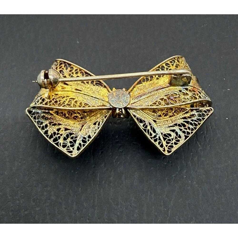 Vintage Sterling Silver Filigree Bow Brooch‎ Gold Wash Gilded Victorian Pin